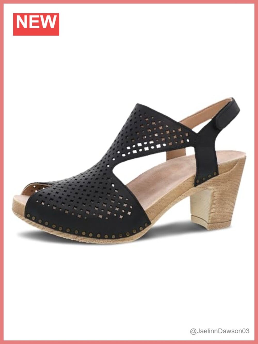 Women's Heeled Peep Toe Sandals, Laser Cut Leather, Hook & Loop Closure,